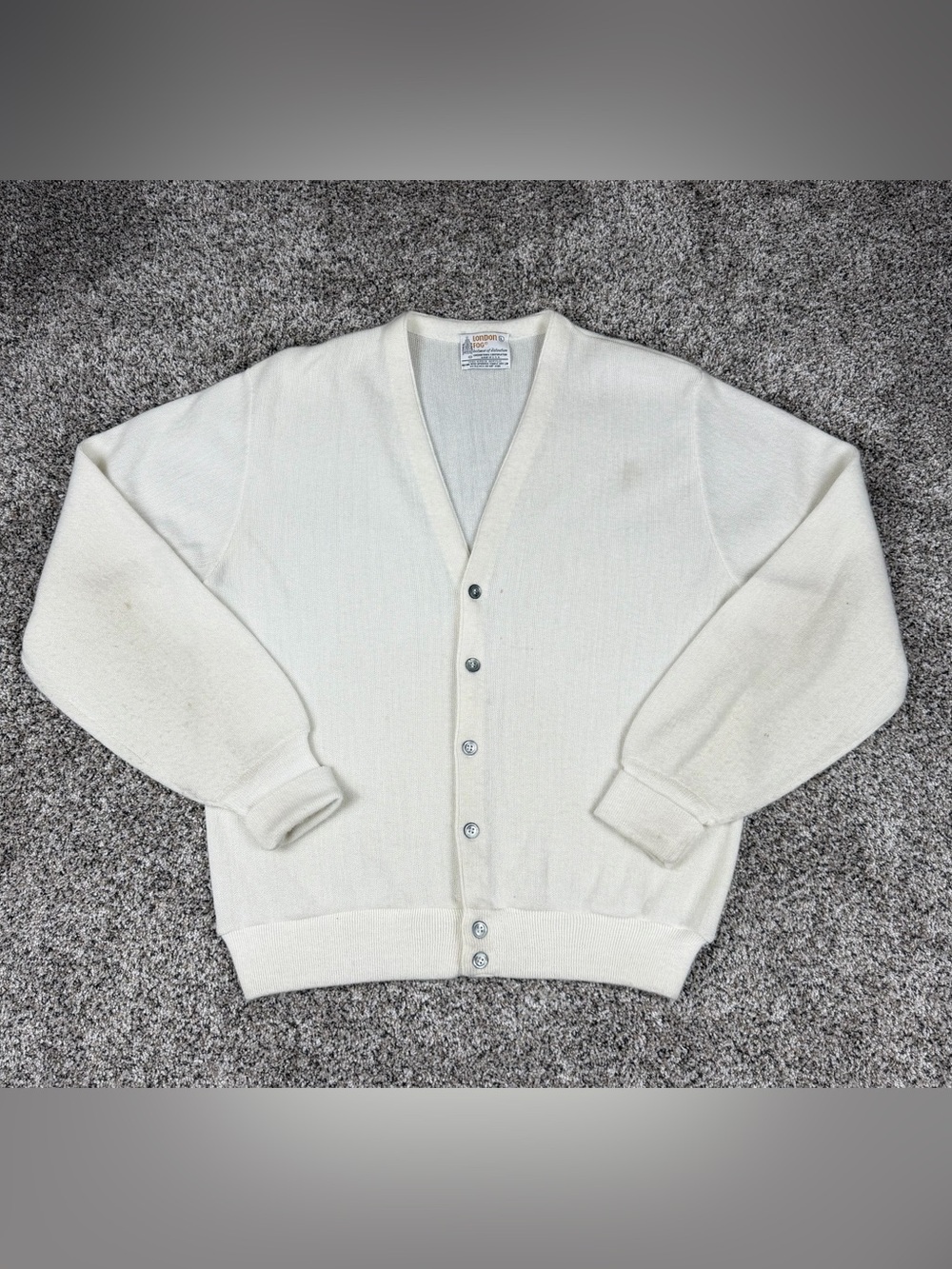 Vintage Sz Large Mens London Fog Acrylic V Neck Button Up Cardigan Sweater White